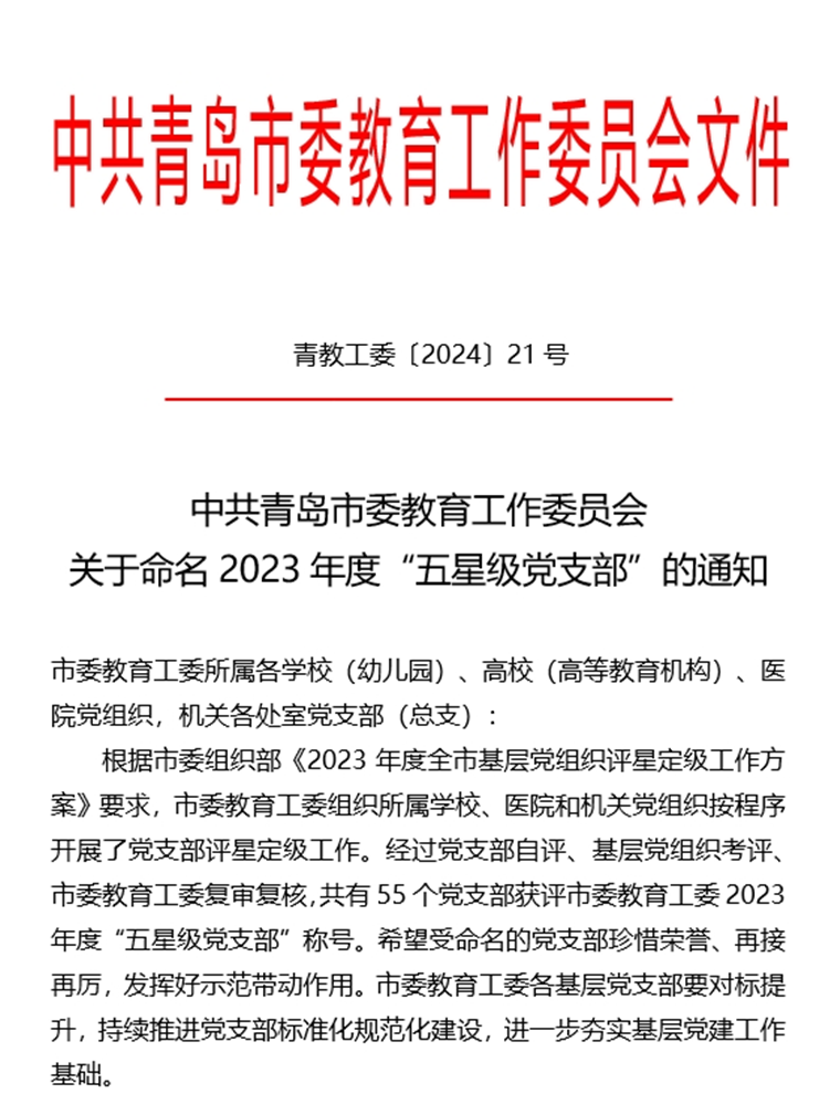 新葡萄官网四个党支部荣获青岛市委教育工委2023年度“五星级党支部”称号